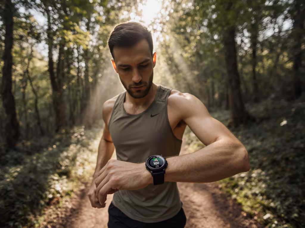 mountain_runner_checking_wrist_gps_under_tree_canopy